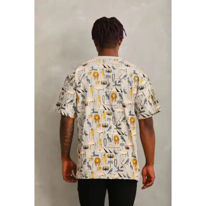 Unisex Oversize Baskılı Bisiklet Yaka T-Shirt - Gri