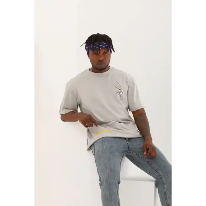 Unisex Oversize Baskılı Bisiklet Yaka T-Shirt - Gri