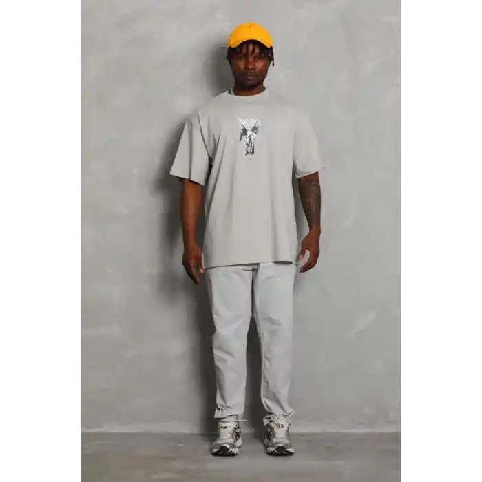 Unisex Oversize Baskılı Bisiklet Yaka T-Shirt - Gri