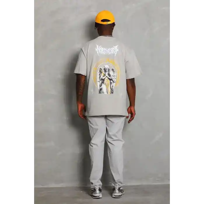 Unisex Oversize Baskılı Bisiklet Yaka T-Shirt - Gri