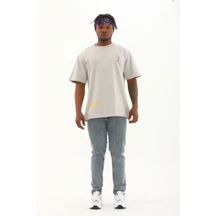 Unisex Oversize Baskılı Bisiklet Yaka T-Shirt - Gri