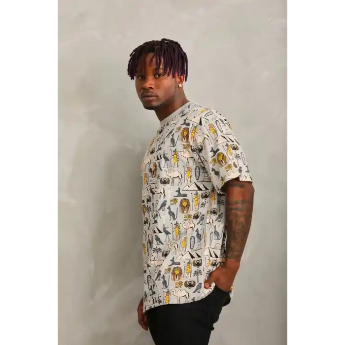 Unisex Oversize Baskılı Bisiklet Yaka T-Shirt - Gri