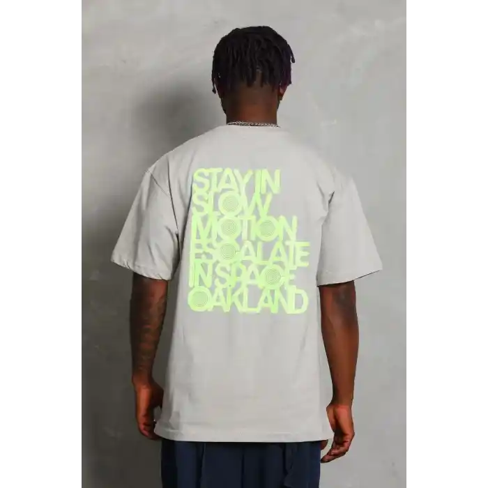 Unisex Oversize Baskılı Bisiklet Yaka T-Shirt - Gri