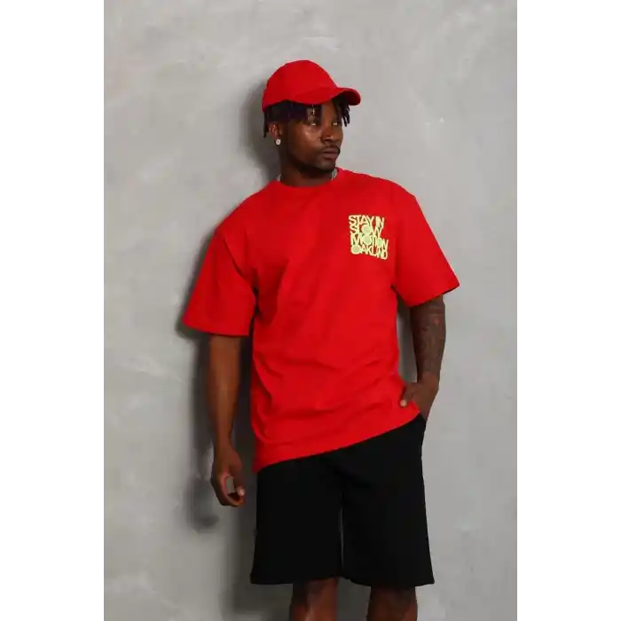 Unisex Oversize Baskılı Bisiklet Yaka T-Shirt - Kırmızı