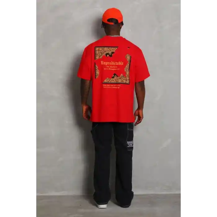 Unisex Oversize Baskılı Bisiklet Yaka T-Shirt - Kırmızı