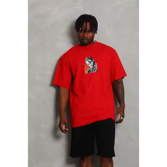 Unisex Oversize Baskılı Bisiklet Yaka T-Shirt - Kırmızı