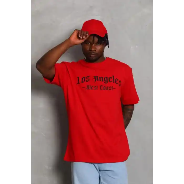 Unisex Oversize Baskılı Bisiklet Yaka T-Shirt - Kırmızı