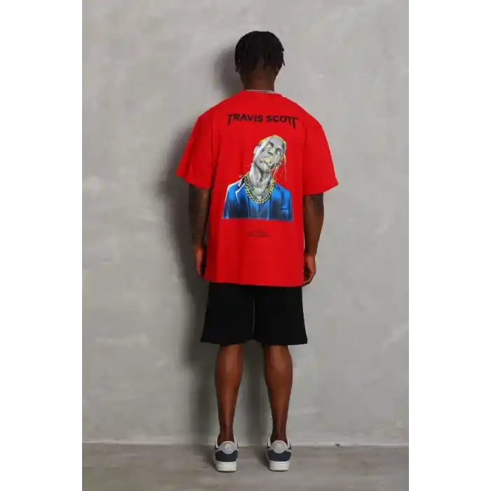 Unisex Oversize Baskılı Bisiklet Yaka T-Shirt - Kırmızı