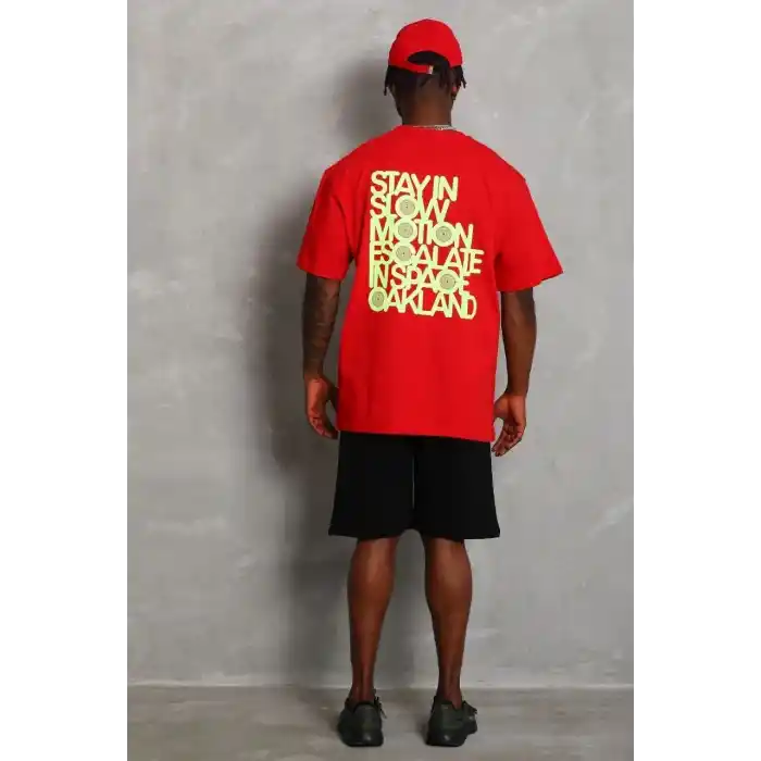 Unisex Oversize Baskılı Bisiklet Yaka T-Shirt - Kırmızı