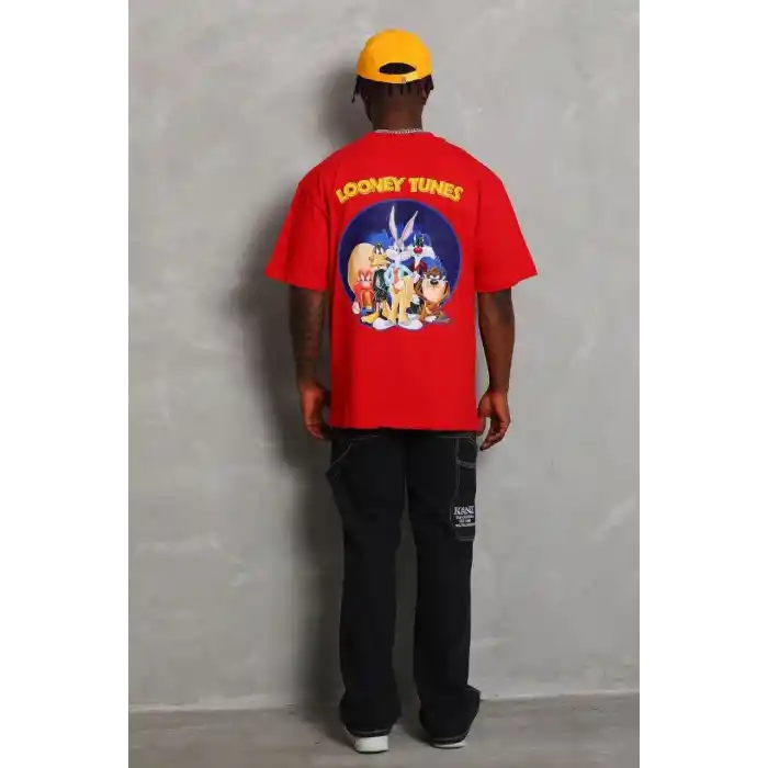 Unisex Oversize Baskılı Bisiklet Yaka T-Shirt - Kırmızı