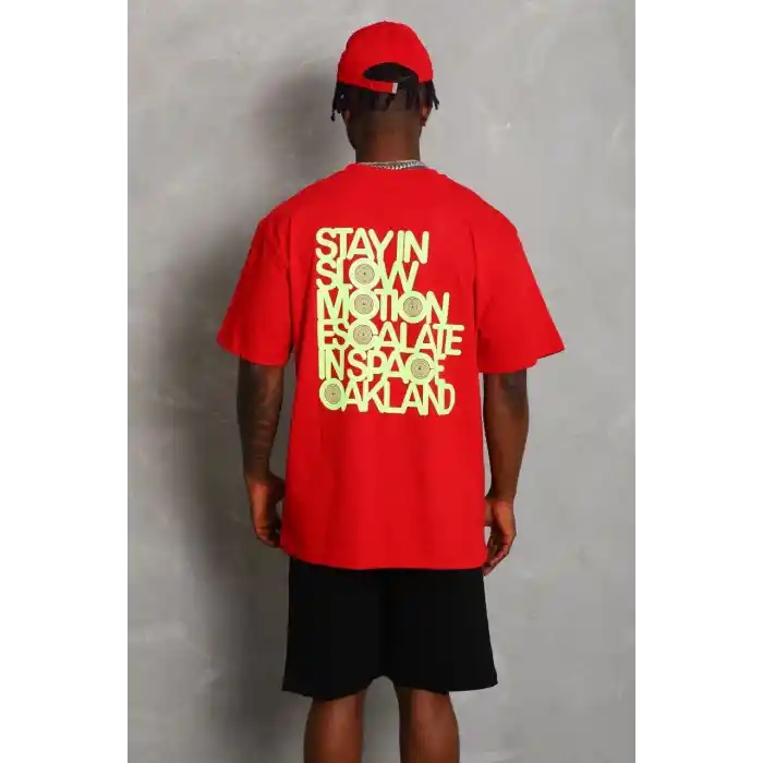 Unisex Oversize Baskılı Bisiklet Yaka T-Shirt - Kırmızı