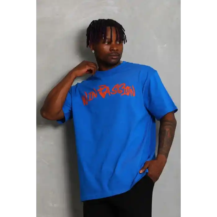 Unisex Oversize Baskılı Bisiklet Yaka T-Shirt - Mavi