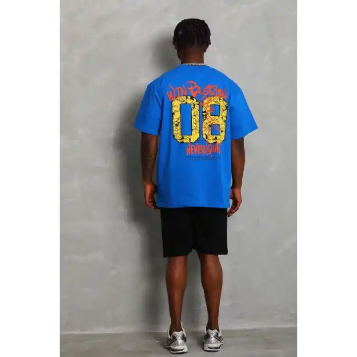 Unisex Oversize Baskılı Bisiklet Yaka T-Shirt - Mavi