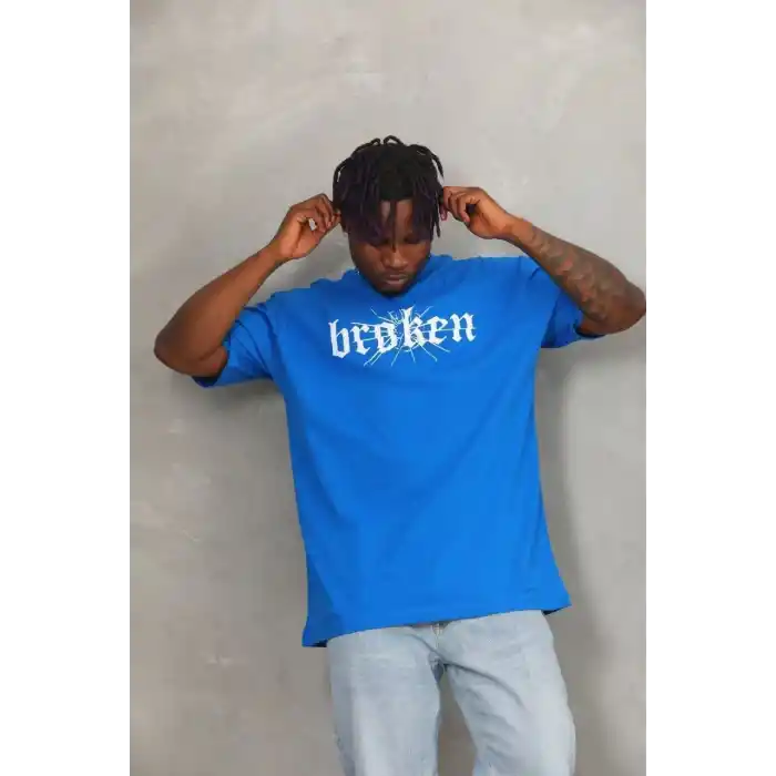 Unisex Oversize Baskılı Bisiklet Yaka T-Shirt - Mavi