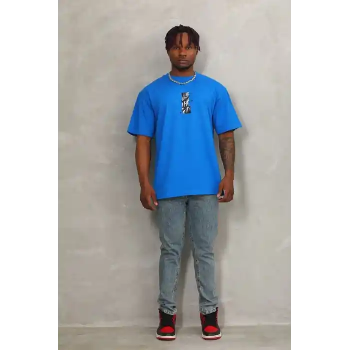 Unisex Oversize Baskılı Bisiklet Yaka T-Shirt - Mavi