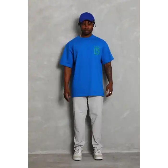 Unisex Oversize Baskılı Bisiklet Yaka T-Shirt - Mavi