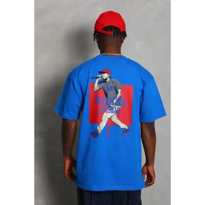 Unisex Oversize Baskılı Bisiklet Yaka T-Shirt - Mavi