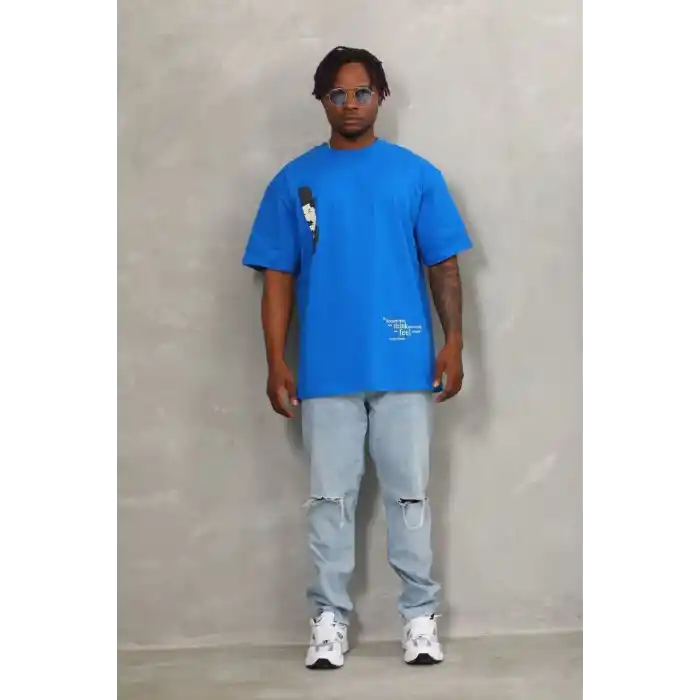 Unisex Oversize Baskılı Bisiklet Yaka T-Shirt - Mavi