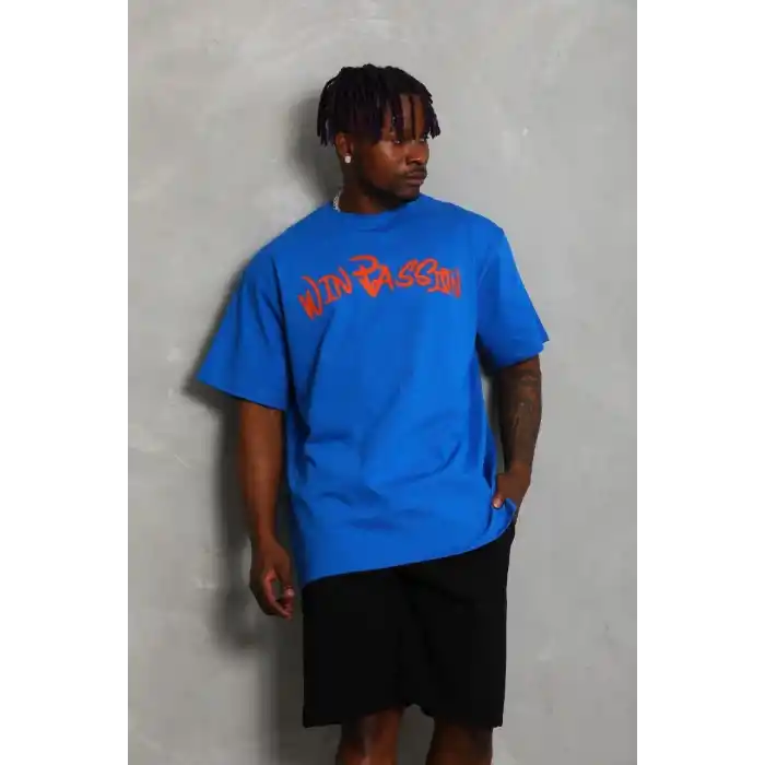 Unisex Oversize Baskılı Bisiklet Yaka T-Shirt - Mavi