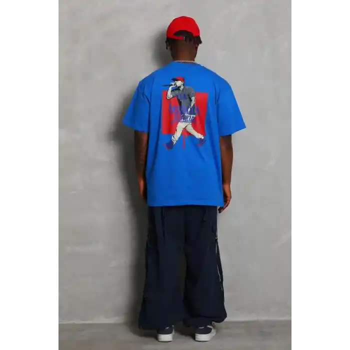 Unisex Oversize Baskılı Bisiklet Yaka T-Shirt - Mavi