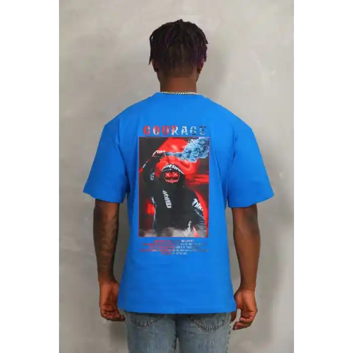 Unisex Oversize Baskılı Bisiklet Yaka T-Shirt - Mavi