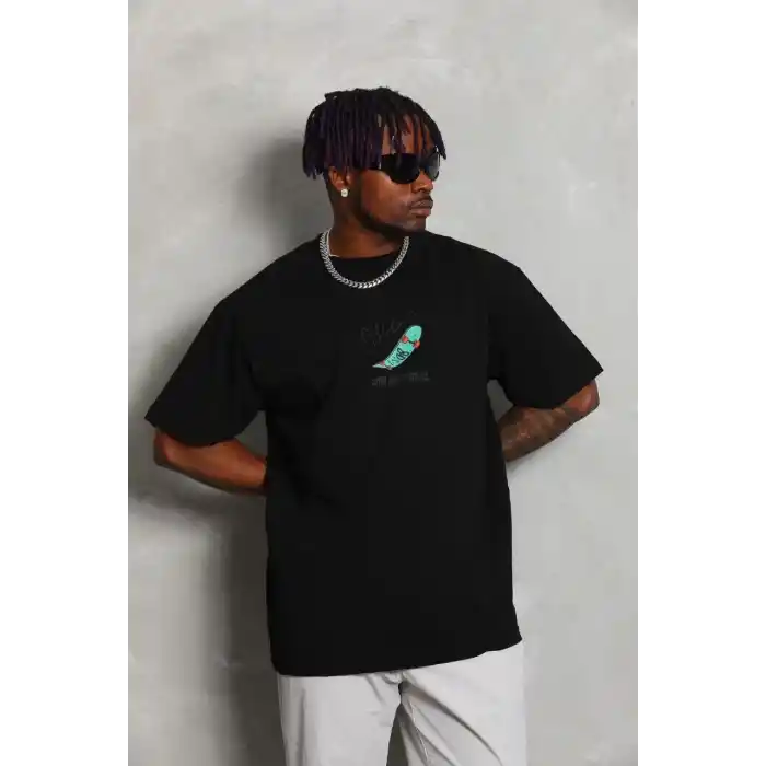 Unisex Oversize Baskılı Bisiklet Yaka T-Shirt - Siyah