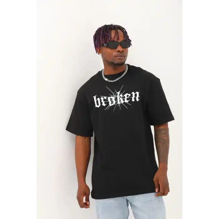 Unisex Oversize Baskılı Bisiklet Yaka T-Shirt - Siyah