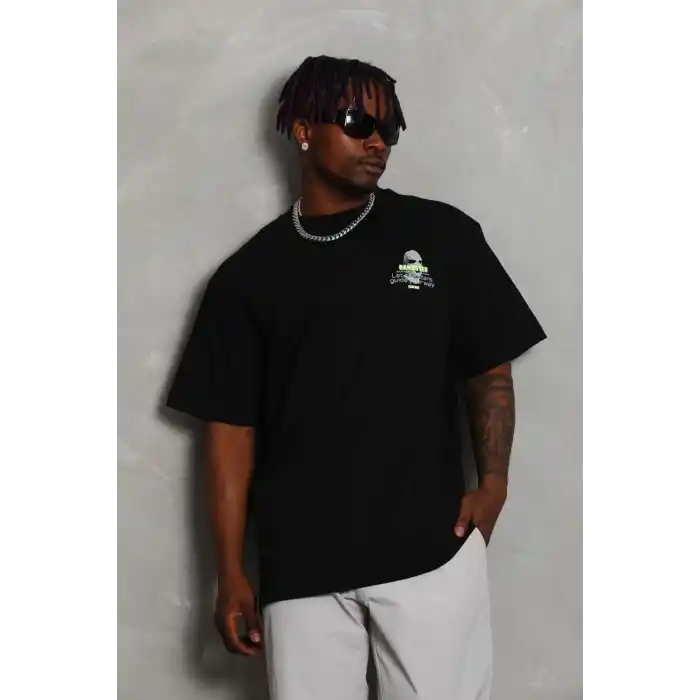 Unisex Oversize Baskılı Bisiklet Yaka T-Shirt - Siyah