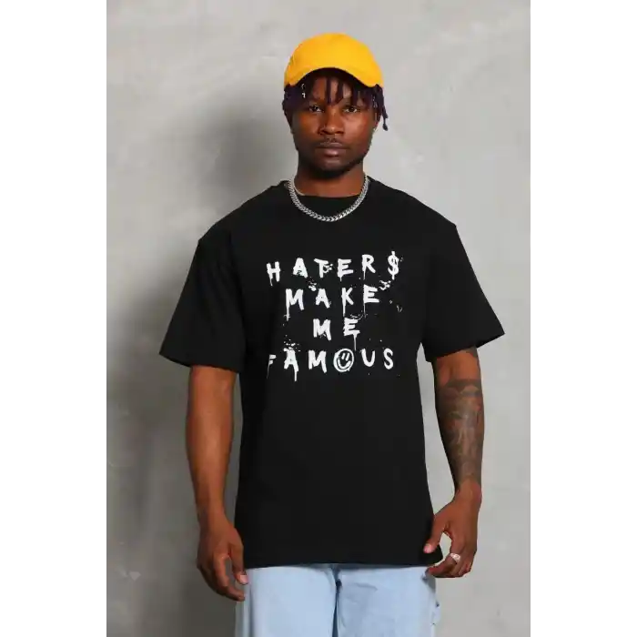 Unisex Oversize Baskılı Bisiklet Yaka T-Shirt - Siyah