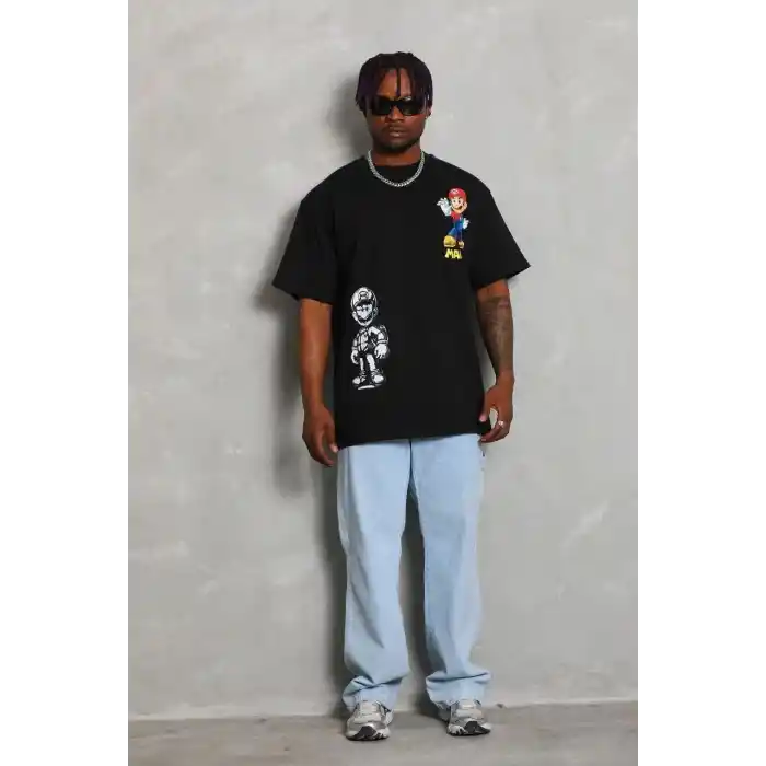 Unisex Oversize Baskılı Bisiklet Yaka T-Shirt - Siyah