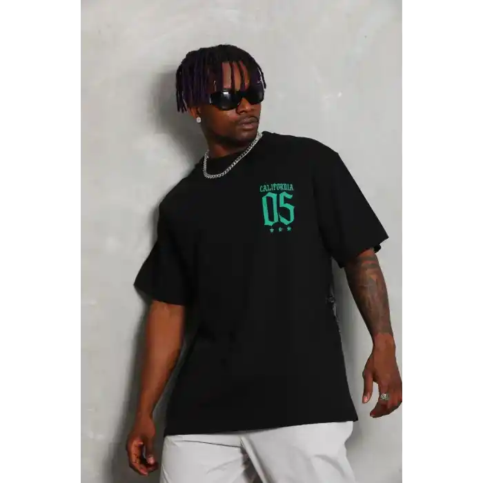 Unisex Oversize Baskılı Bisiklet Yaka T-Shirt - Siyah