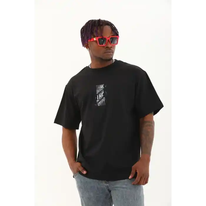 Unisex Oversize Baskılı Bisiklet Yaka T-Shirt - Siyah