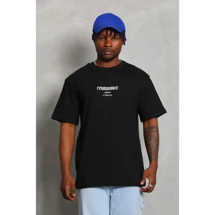 Unisex Oversize Baskılı Bisiklet Yaka T-Shirt - Siyah