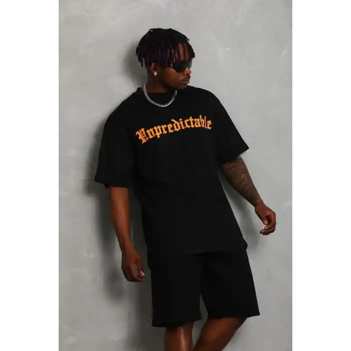 Unisex Oversize Baskılı Bisiklet Yaka T-Shirt - Siyah