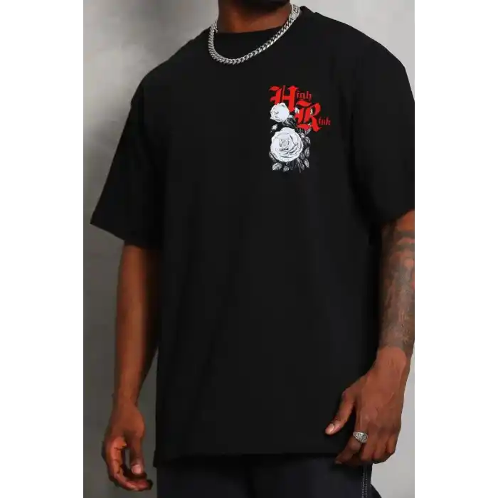 Unisex Oversize Baskılı Bisiklet Yaka T-Shirt - Siyah