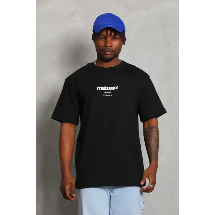 Unisex Oversize Baskılı Bisiklet Yaka T-Shirt - Siyah