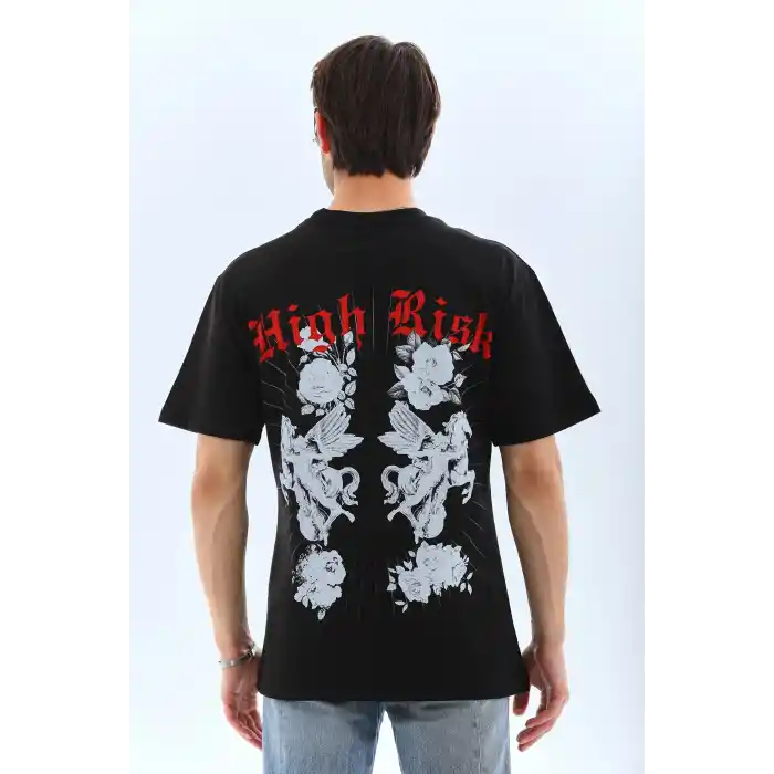 Unisex Oversize Baskılı Bisiklet Yaka T-Shirt - Siyah