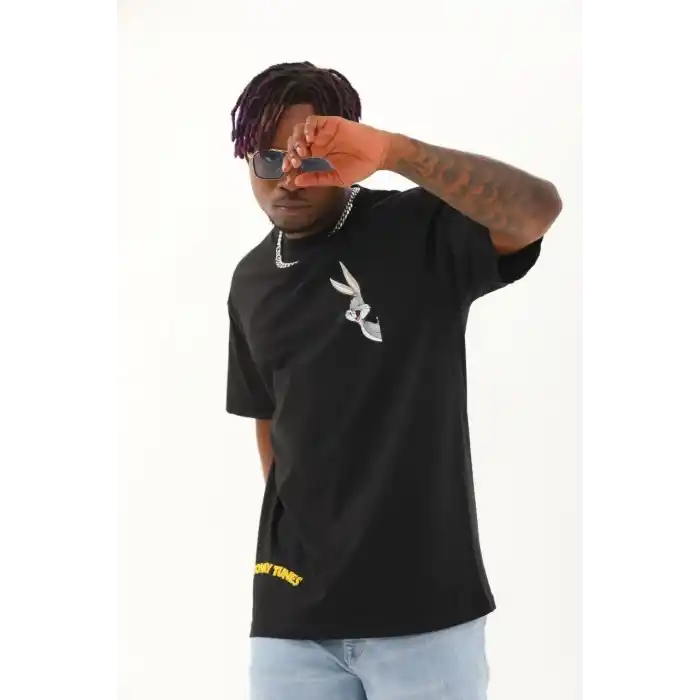 Unisex Oversize Baskılı Bisiklet Yaka T-Shirt - Siyah