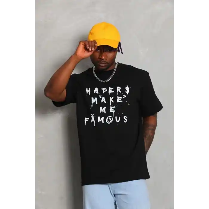 Unisex Oversize Baskılı Bisiklet Yaka T-Shirt - Siyah