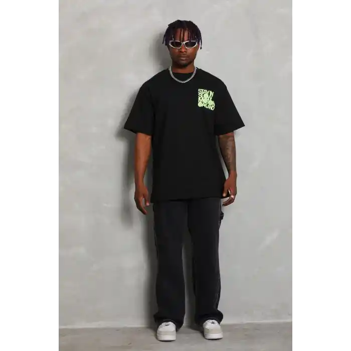 Unisex Oversize Baskılı Bisiklet Yaka T-Shirt - Siyah