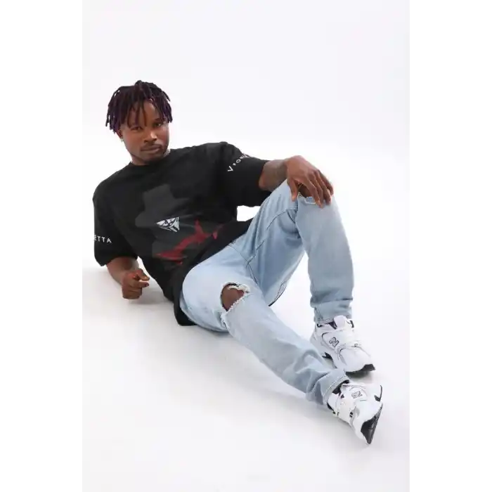 Unisex Oversize Baskılı Bisiklet Yaka T-Shirt - Siyah