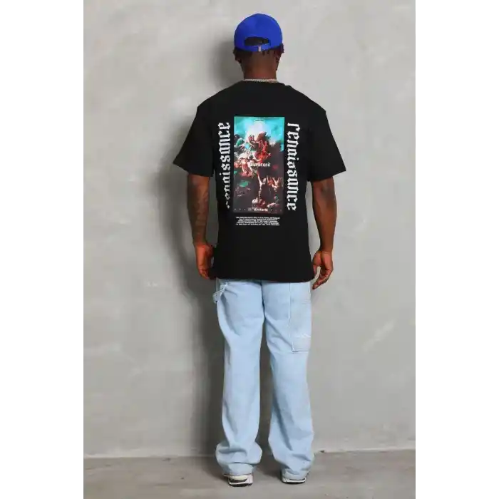 Unisex Oversize Baskılı Bisiklet Yaka T-Shirt - Siyah