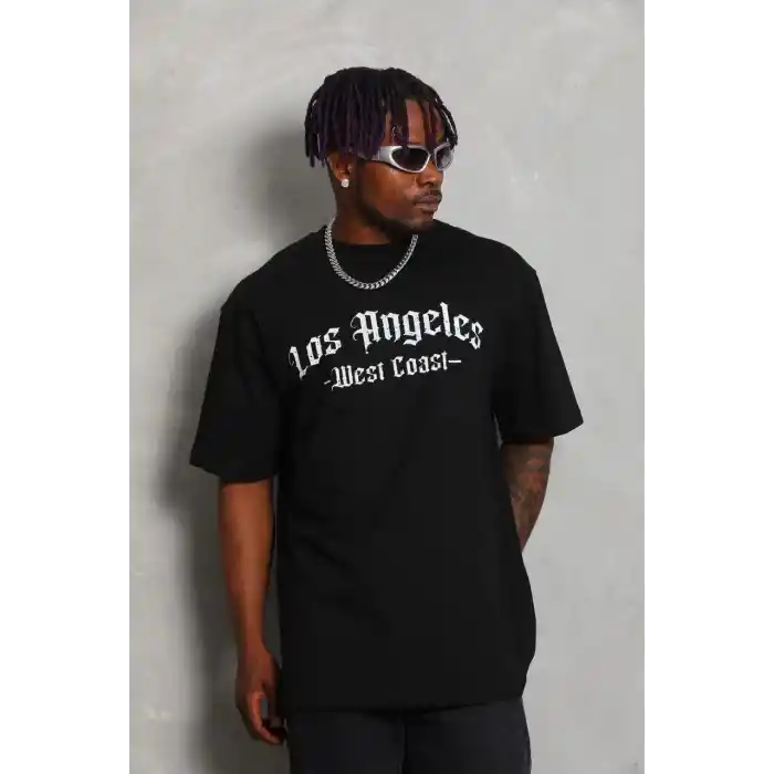 Unisex Oversize Baskılı Bisiklet Yaka T-Shirt - Siyah