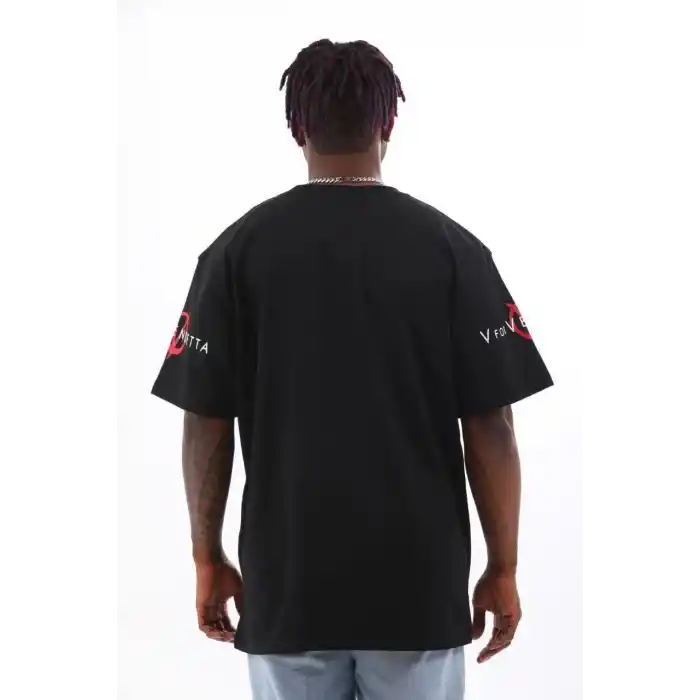 Unisex Oversize Baskılı Bisiklet Yaka T-Shirt - Siyah