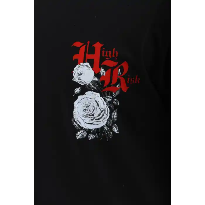 Unisex Oversize Baskılı Bisiklet Yaka T-Shirt - Siyah