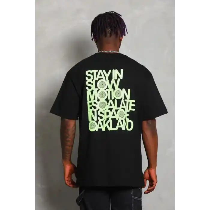 Unisex Oversize Baskılı Bisiklet Yaka T-Shirt - Siyah