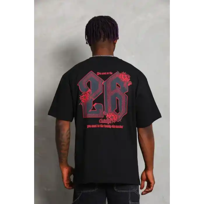 Unisex Oversize Baskılı Bisiklet Yaka T-Shirt - Siyah