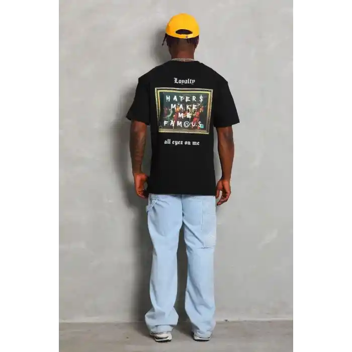 Unisex Oversize Baskılı Bisiklet Yaka T-Shirt - Siyah