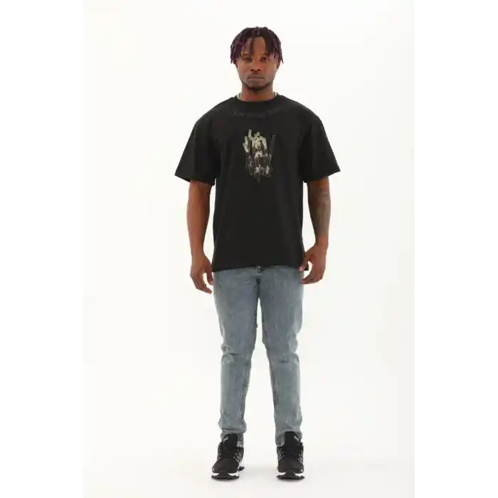 Unisex Oversize Baskılı Bisiklet Yaka T-Shirt - Siyah