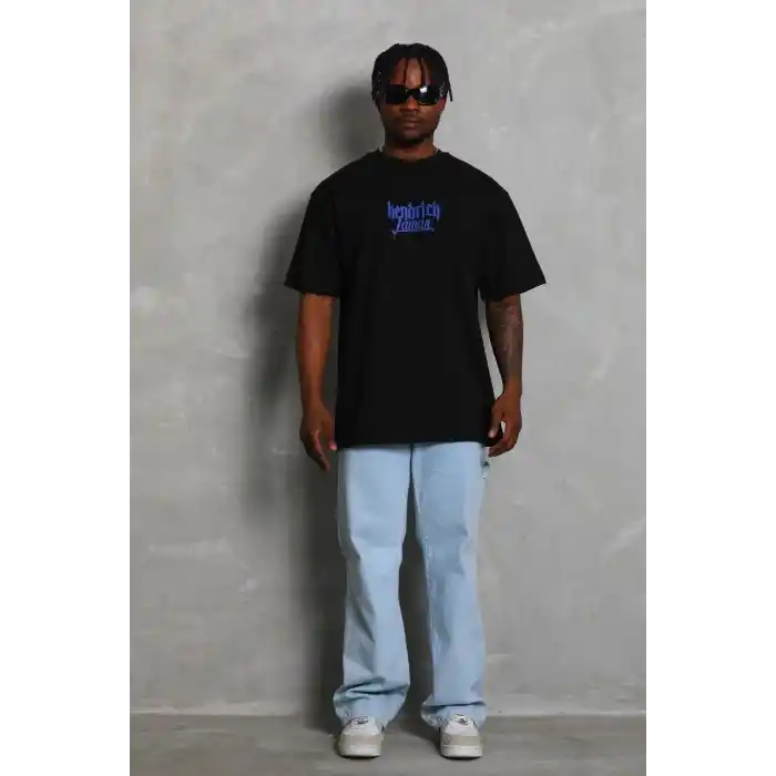 Unisex Oversize Baskılı Bisiklet Yaka T-Shirt - Siyah